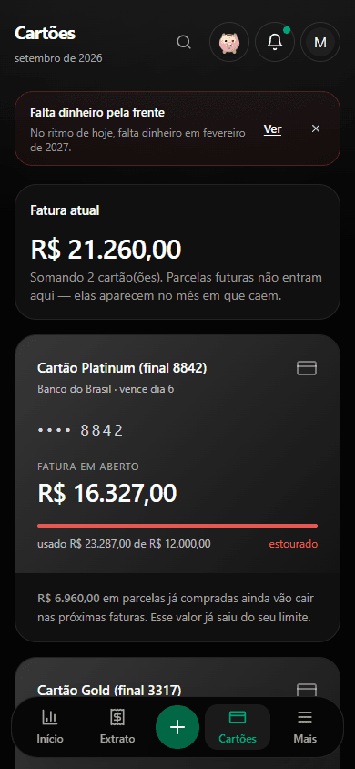 Cartões do Tino: faturas e limites. Dados de demonstração.