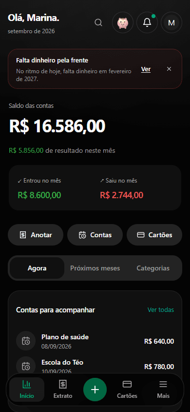 Início do Tino: saldo das contas, entradas, saídas e próximas contas. Dados de demonstração.