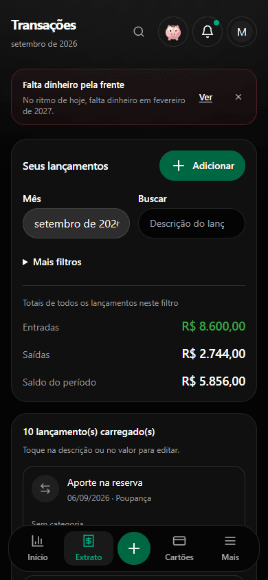 Extrato do Tino: pesquisa, resumo e lista de lançamentos. Dados de demonstração.